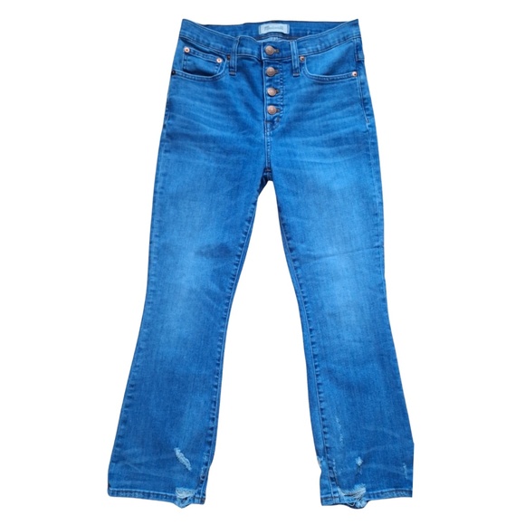 High Rise Madewell Cali Demi-Boot Jeans Sz 25 Button Fly Distressed Crop Flare - Picture 3 of 13